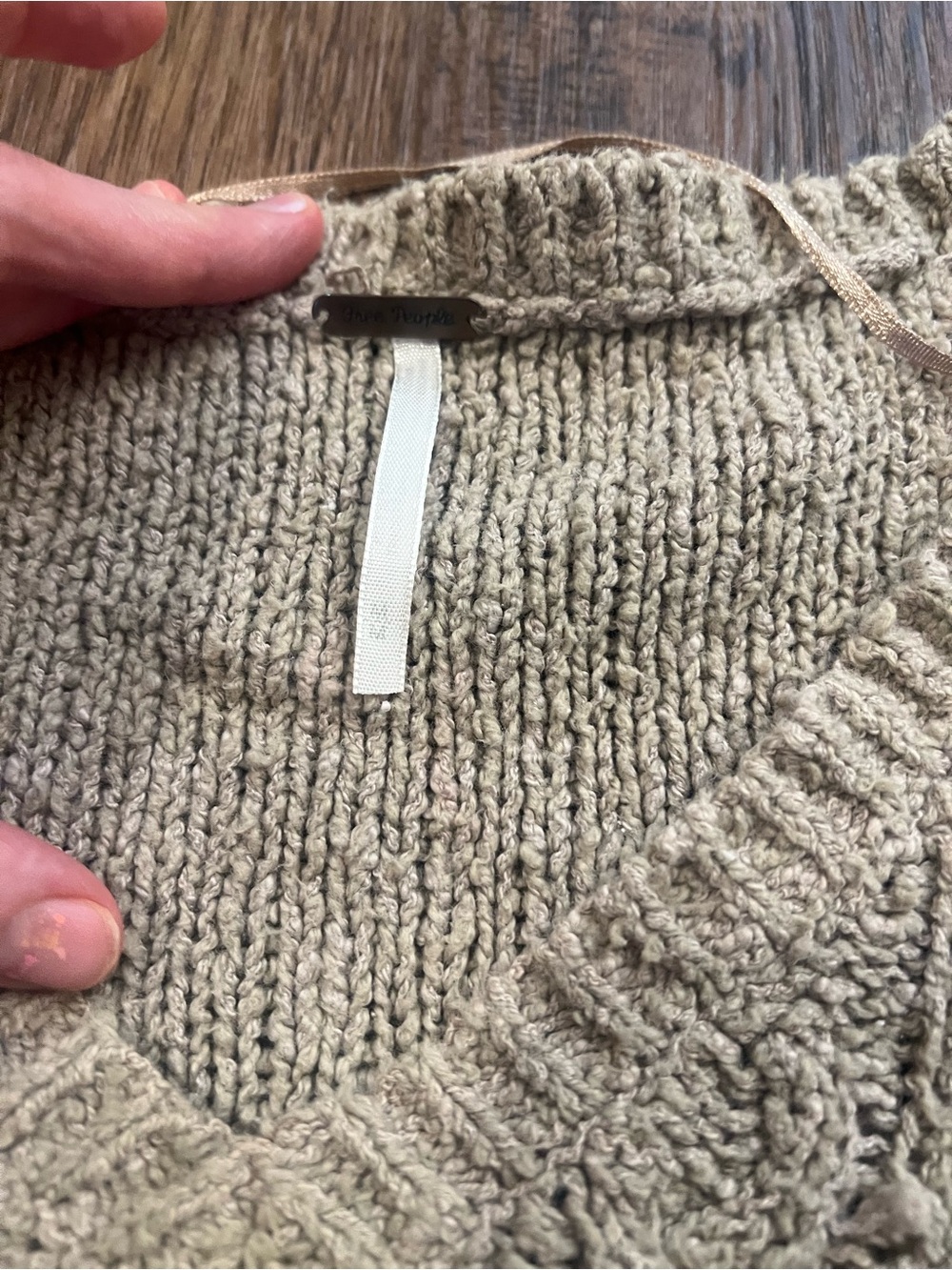 Free People Neutral Beige V-Neck Cable Knit Sweater distressed style - Picture 3 of 5